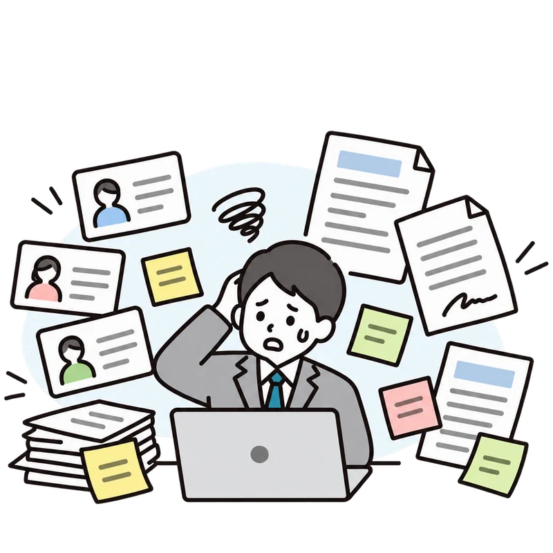 散らばった顧客カードと契約書に困る担当者