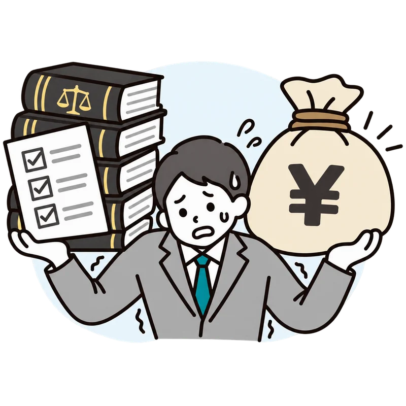 法令集とお金の袋を両手で支える担当者